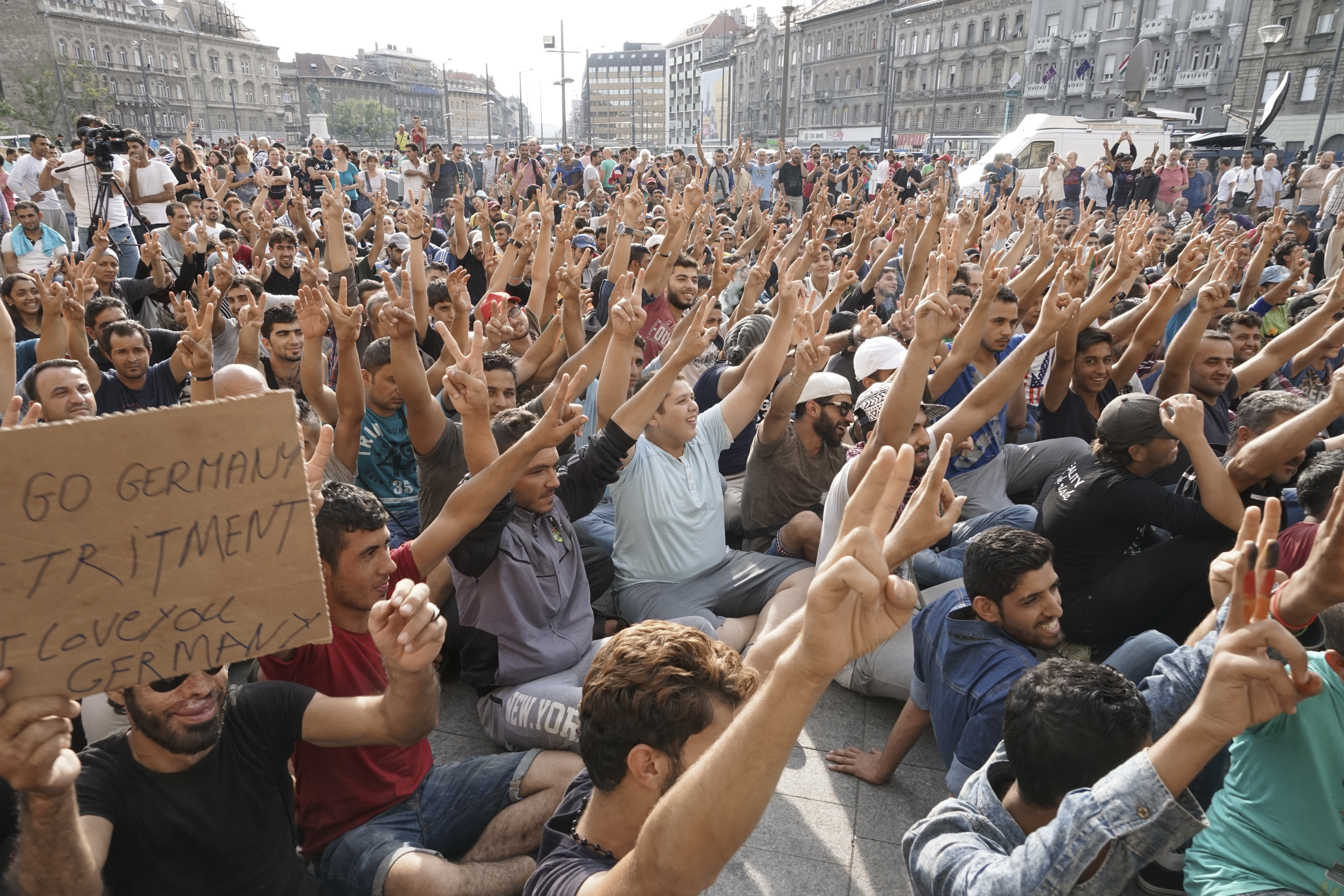 Syrian refugees strike in front of Budapest Keleti railway station. Refugee crisis.